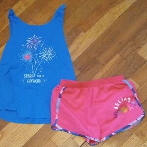 Delia's Pink Athletic Shorts & Blue Sparkle Tank Set girl large